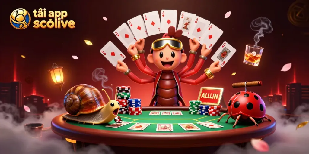 Experience the excitement of tải app socolive with a dynamic cartoon scene of a millipede dealer and high-roller snail amid a rich gaming atmosphere.