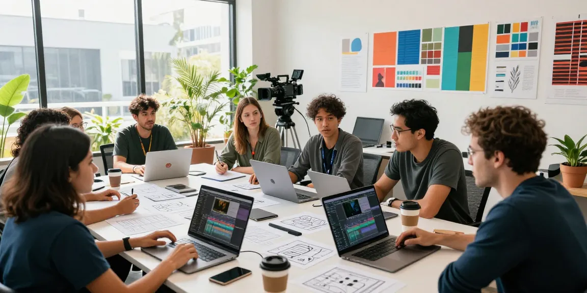 Creative team collaborating at a production company in Los Angeles, generating innovative video concepts in a vibrant office setting.