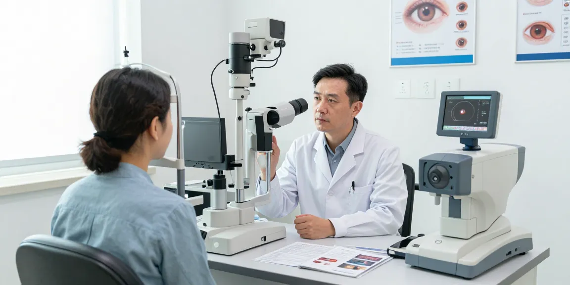 Ophthalmologist discussing glaucoma with a patient in a modern eye clinic.