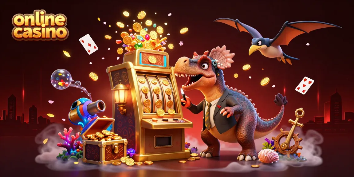 Akcijski prizor z 3D igralnim avtomatom v online casino, medtem ko dinozaver udarja vanj za jackpot.