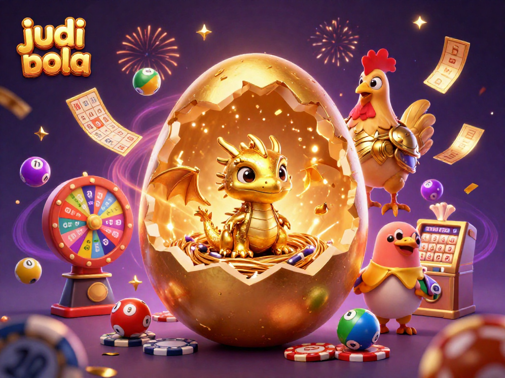 Engage in judi bola with a stunning golden dragon amidst swirling confetti and vibrant game elements.