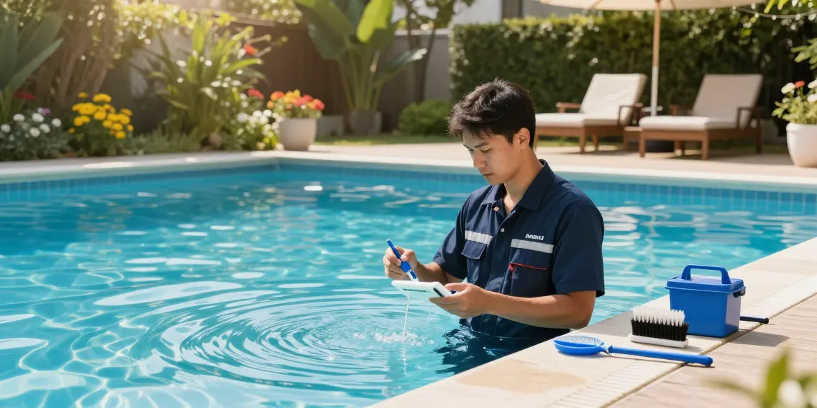 Professional pool service technician performing servis bazena with water quality testing in a beautiful outdoor setting.