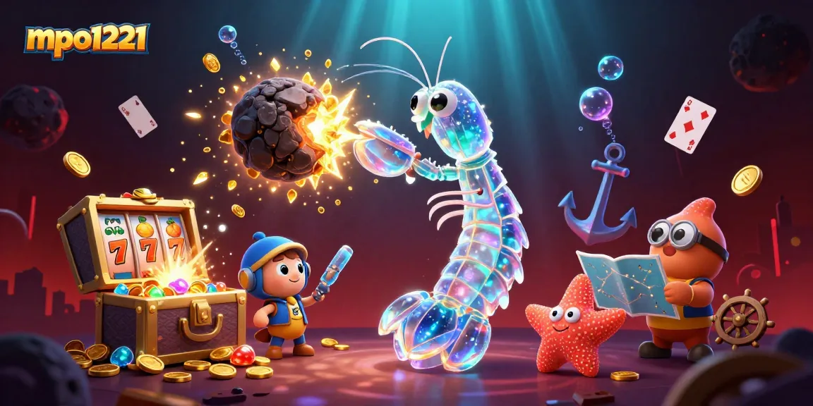 Engage with mpo1221 via a vibrant casino-themed 3D illustration featuring treasure, slots, and characters.