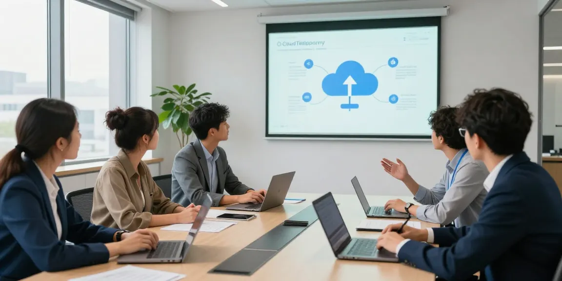 Efficient team discussing מרכזיה לעסקים solutions in a modern office.