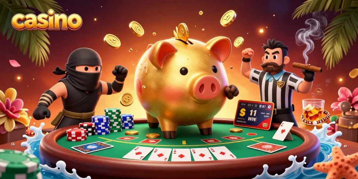Casino scene featuring a golden piggy bank sumo wrestler amidst poker elements and vibrant decorations.