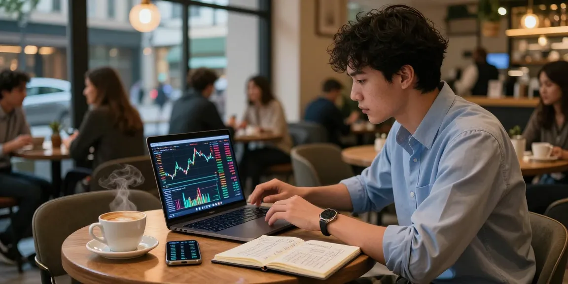 Young professional analyzing cryptocurrency charts at a cafe for https://crypto-reviews.ru/okx-v-kazahstane/ with coffee and city view.