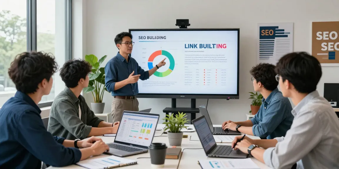 SEO specialists discussing link building services in a modern office setting with analytical visuals.