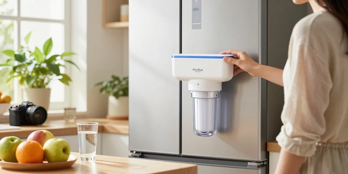 Maxblue DA29-00020B Refrigerator Water Filter showcased in a bright kitchen with vibrant fruits and clear water, highlighting its sleek design.