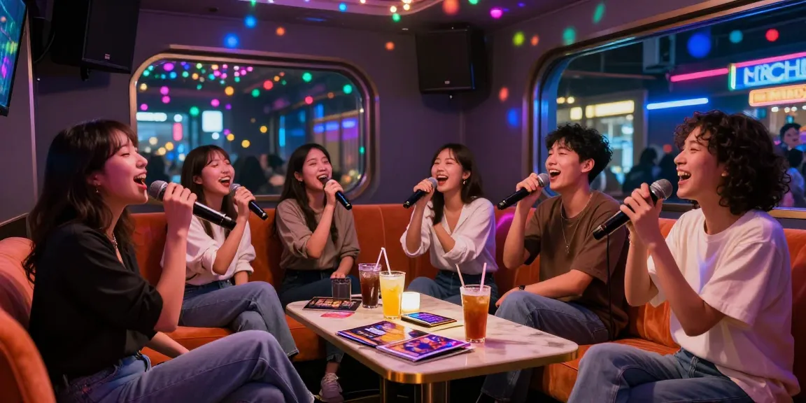 Group enjoying 강남가라오케 singing in a vibrant karaoke room with colorful lights.