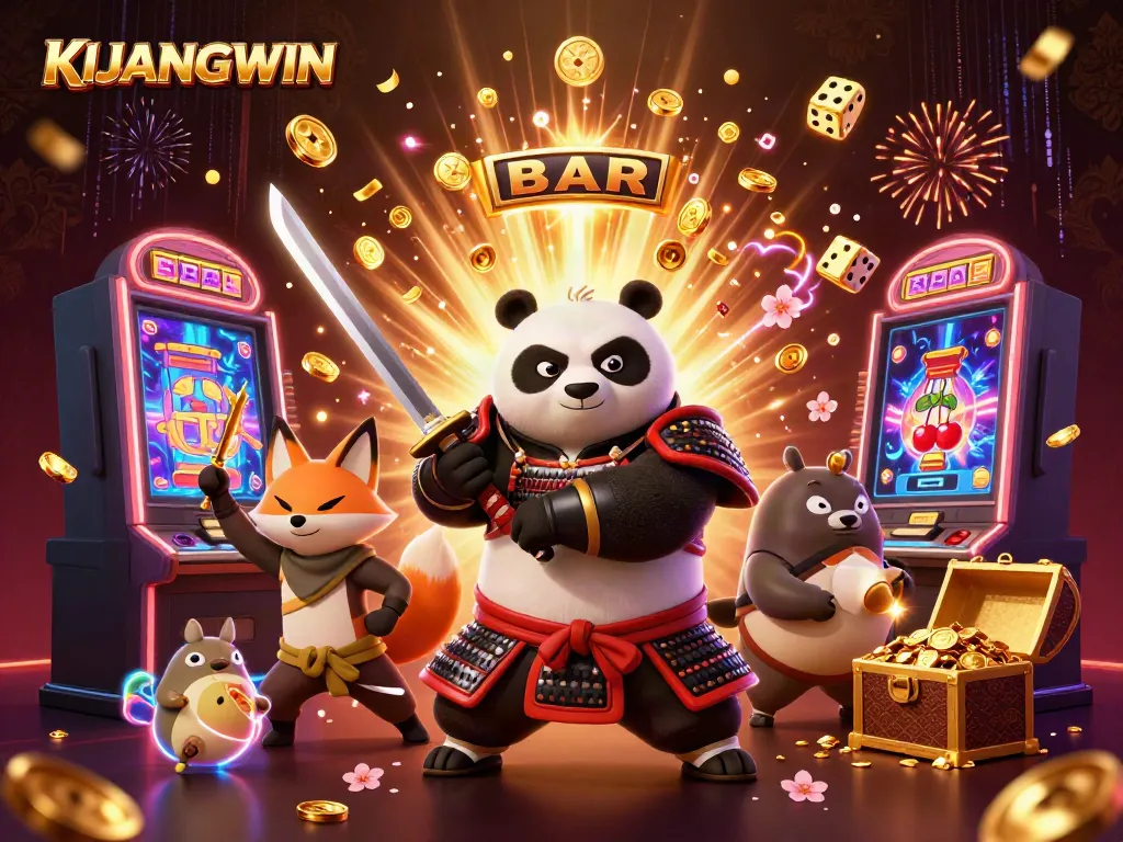 Permainan KIJANGWIN diilustrasikan dengan panda samurai, rubah ninja, dan kotak harta karun penuh emas.