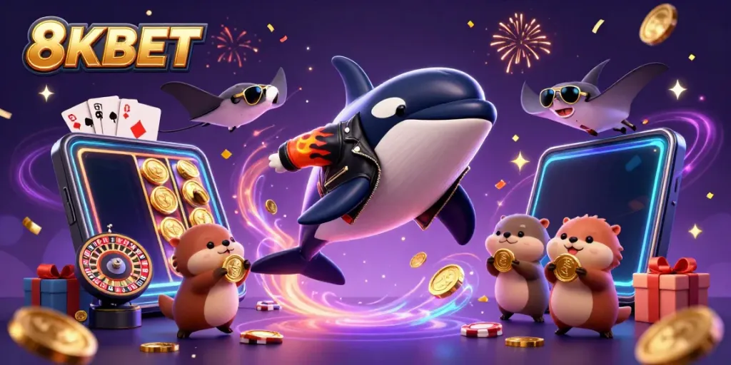 8KBET showcases a lively scene with an orca whale, stingray, and sea otters surrounded by vibrant casino elements and gold coins.