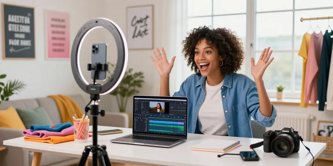 Get TikTok views package with an influencer recording a vibrant video in a stylish home studio.