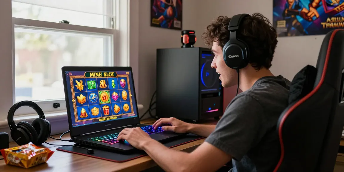 Engaged player exploring the Mine Slot game casino on a vibrant gaming laptop in a cozy setting, highlighting interactive grid gameplay.