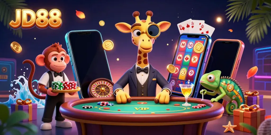 Engage with JD88's vibrant casino scene featuring a high-roller giraffe, monkey valet, and cocktail-mixing chameleon.