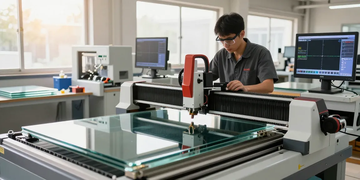 Technician using a glass cutting machine in a modern workshop, showcasing precision and efficiency.