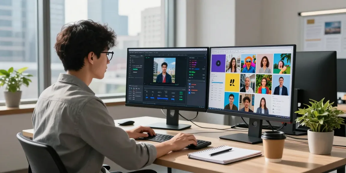 AI detector in a modern workspace with dual screens analyzing images for AI generation.