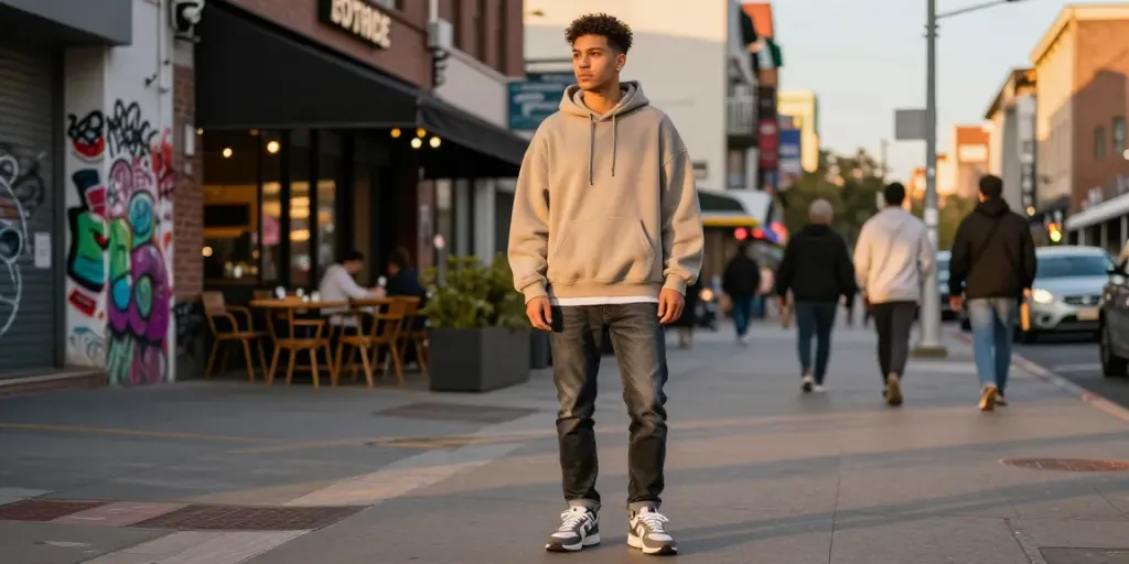 Stijlvolle man in goedkope herenkleding poseert op een levendige straat in de stad.