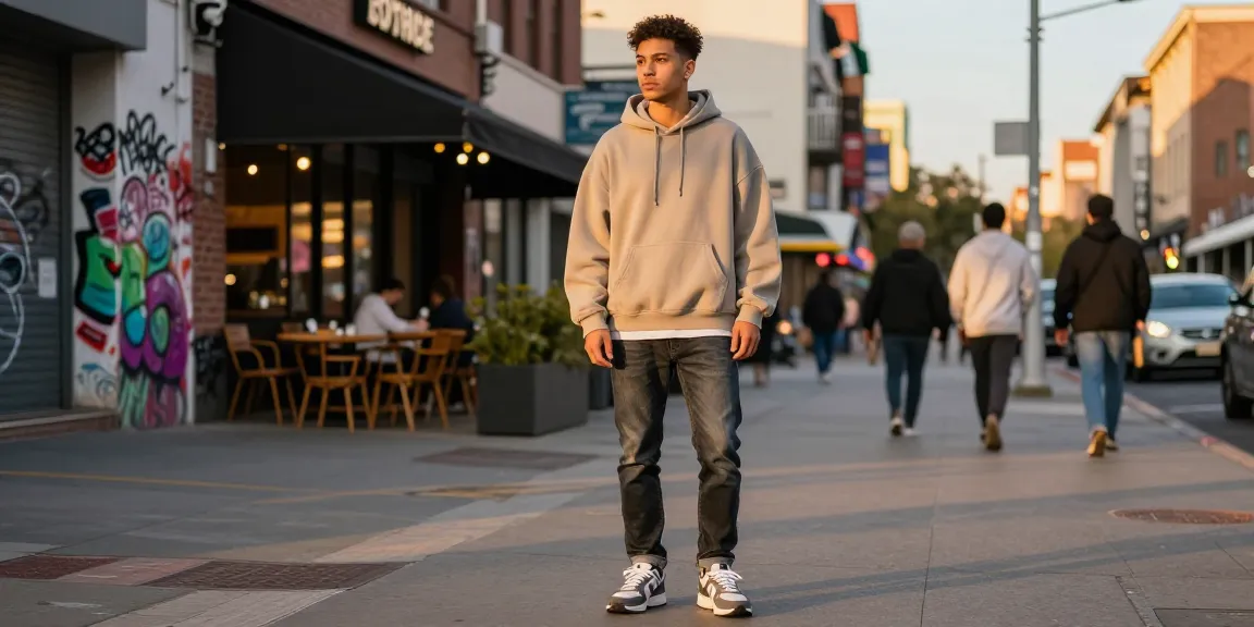 Stijlvolle man in goedkope herenkleding poseert op een levendige straat in de stad.