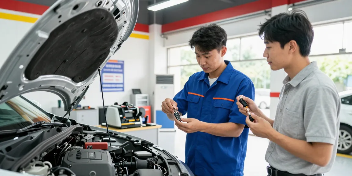 Car Key Replacement Sydney service with a locksmith assisting a customer at an automotive service station.