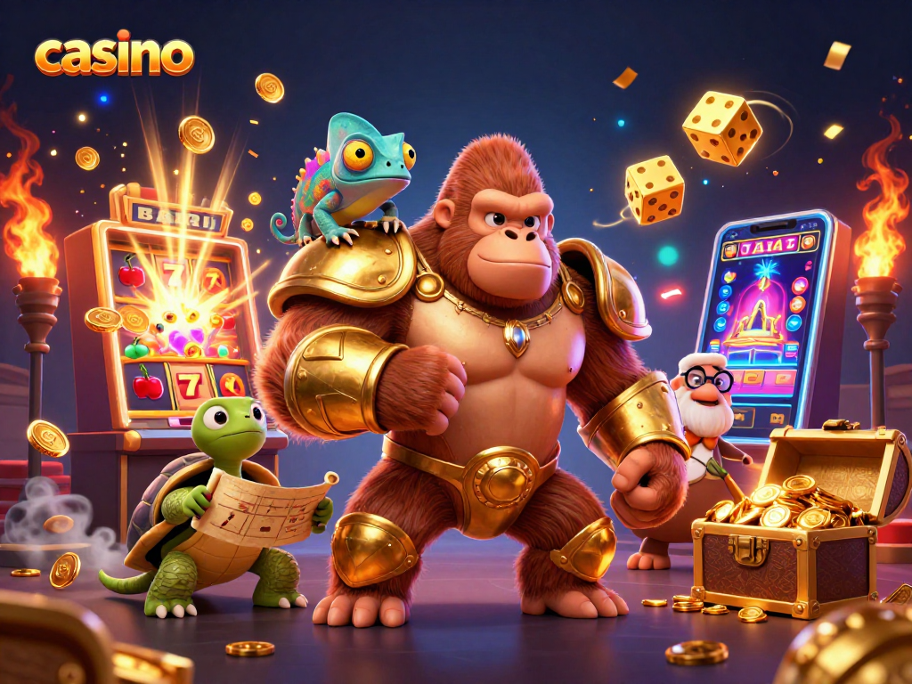 Capture the excitement of a casino with a gorilla king, chameleon, and tortoise, revealing treasures.