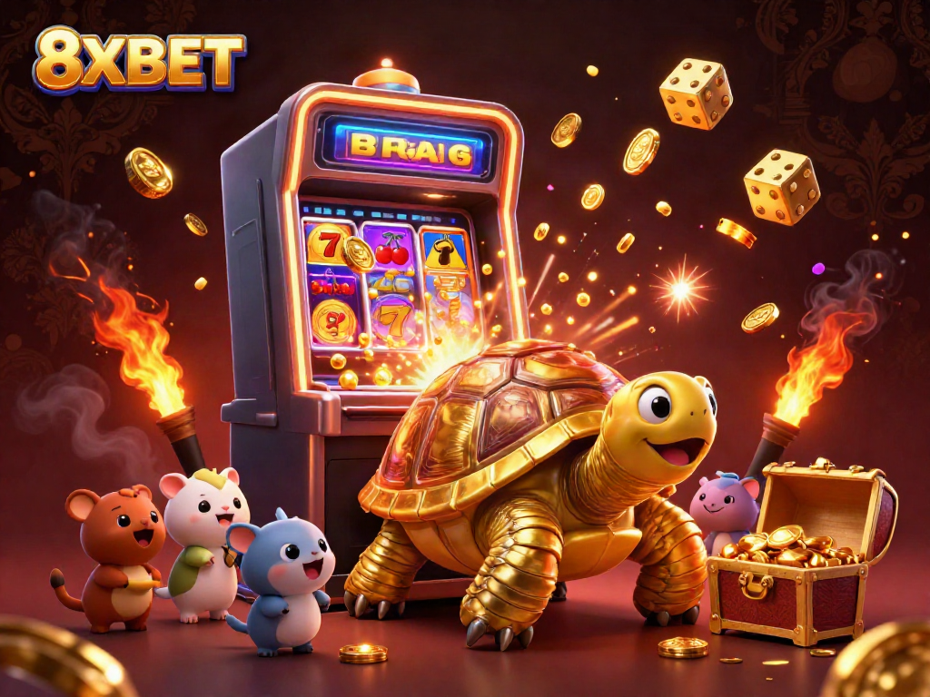 Experience the thrilling 8XBET casino atmosphere with colorful visuals and a colossal tortoise game.