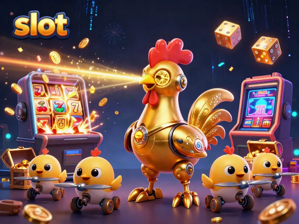 Experience thrilling slot action with a golden rooster robot and baby chick drones in a dynamic casino scene.
