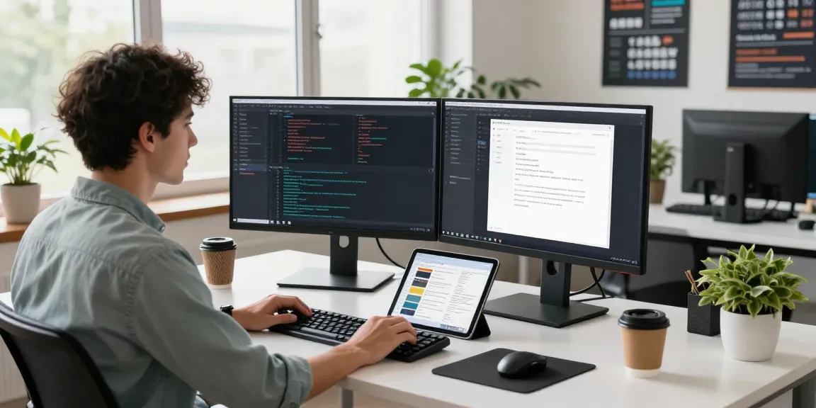 Developer using 快连 in a modern workspace, with dual monitors and vibrant ambiance.