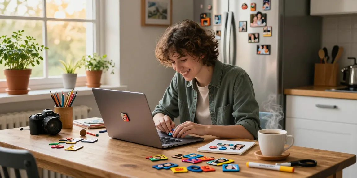 Creating personalized photo magnets in a cozy kitchen, vibrant designs and family photos on display.