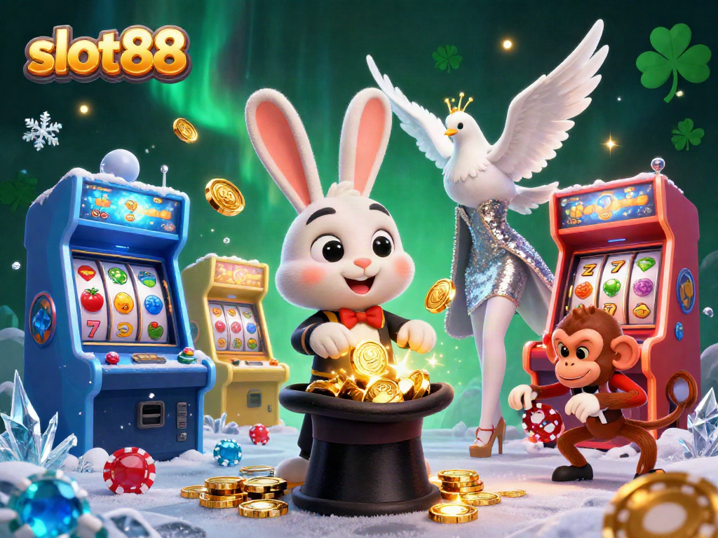 Engage with slot88 as a magician rabbit pulls coins, showcasing a thrilling casino atmosphere.