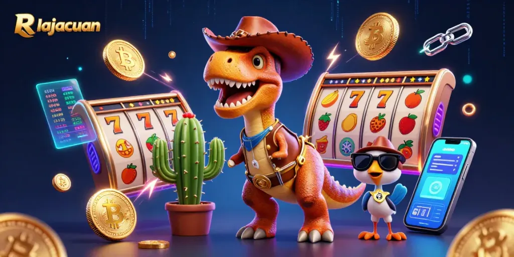 Rajacuan’s dynamic gaming scene with a T-Rex and jackpot symbols captivating players.