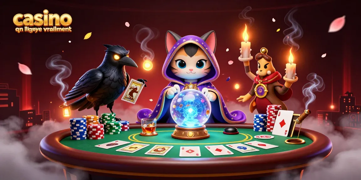Illustration dynamique en 3D d'un casino en ligne qui paye vraiment avec un chat mystique, un corbeau et des éléments de poker.