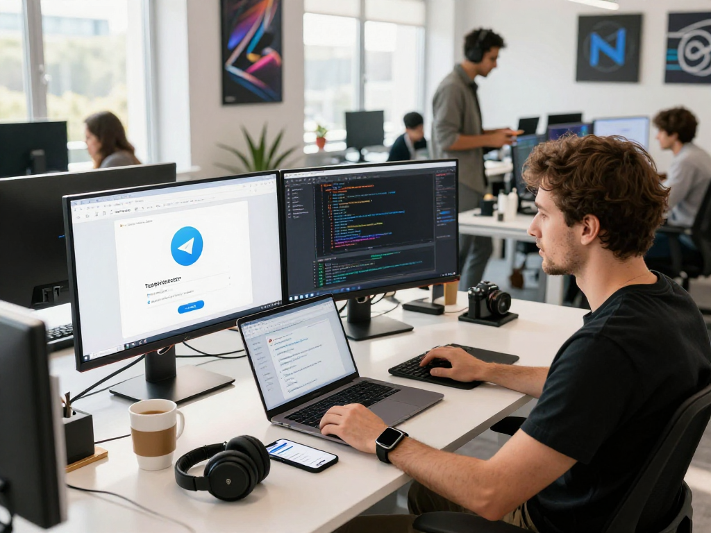 使用telegram 下载的开发者在现代办公环境中专注工作,显示代码和应用界面。