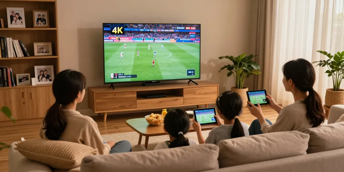 Family enjoying IPTV streaming of live sports in a cozy living room setting.