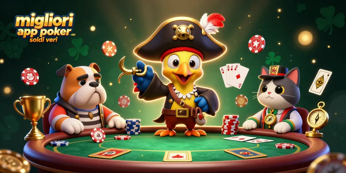 Gioca alle migliori app poker soldi veri con un'illustrazione vivace di un tavolo da poker che mostra personaggi animati.