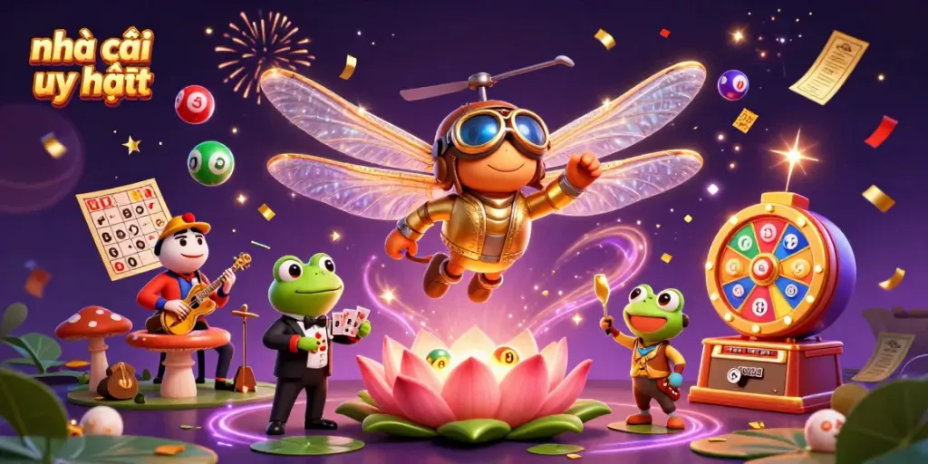 Experience the excitement of nhà cái uy tín at a vibrant casino scene with a dragonfly pilot and frog croupier.