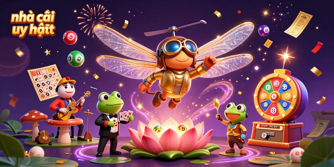 Experience the excitement of nhà cái uy tín at a vibrant casino scene with a dragonfly pilot and frog croupier.