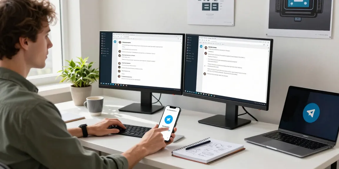 Effective workspace for using telegramin-cn.com for digital communication, featuring a modern desk setup and engaging tech elements.