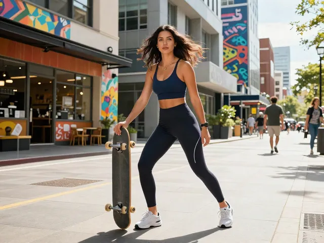 Cece Rose nude in vibrant urban fashion, confidently posing with skateboard in lively city.