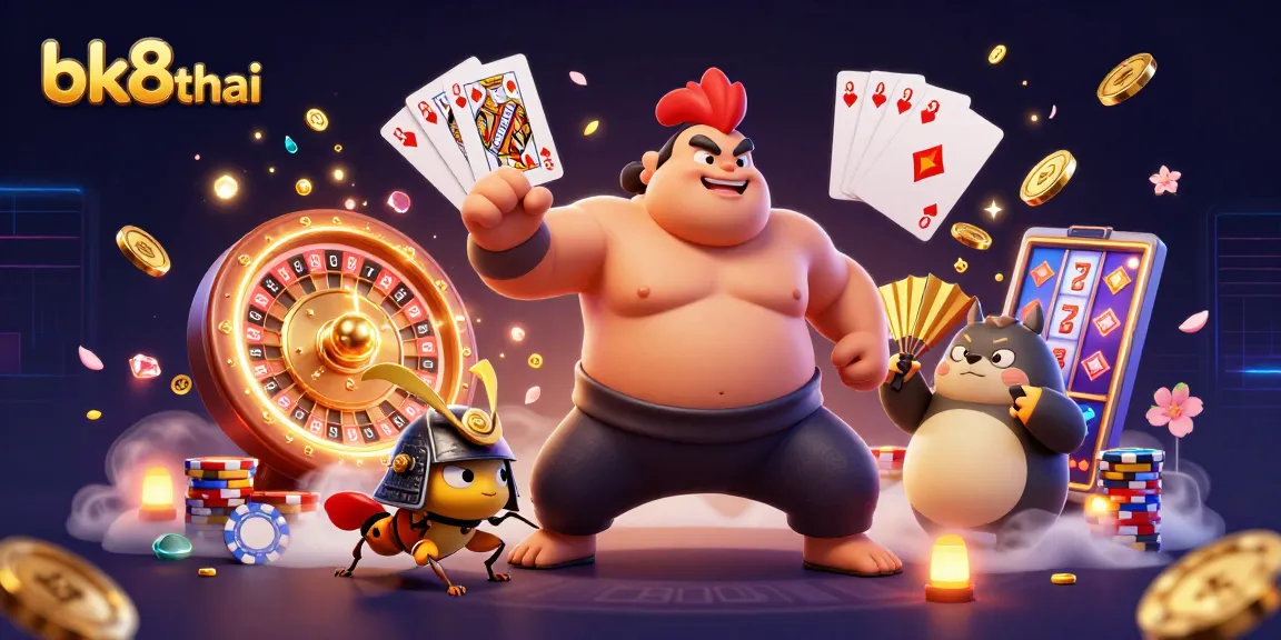Engage in thrilling action with bk8thai as a sumo wrestler, cricket, and tanuki celebrate casino wins.