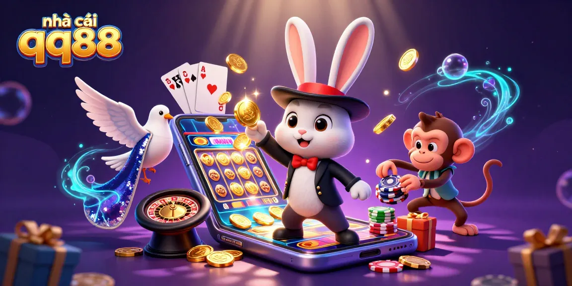 Engage with nhà cái qq88 through this captivating scene of a magician rabbit creating excitement with golden coins and dynamic gaming elements.