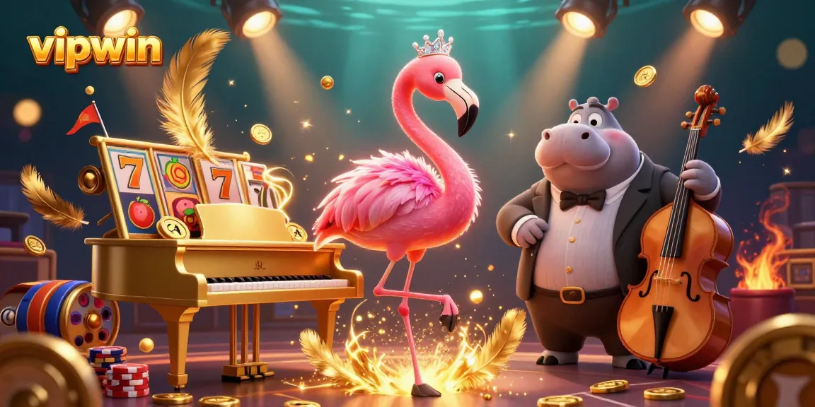 Experience the thrilling action at vipwin casino with a flamingo singer and hippo bassist in vibrant 3D.