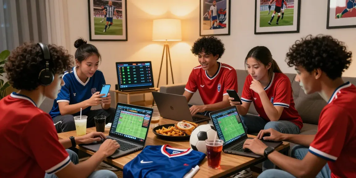 Friends analyzing sports betting strategies for Prediksi Bola Malam Ini in a cozy living room, showcasing excitement and camaraderie.