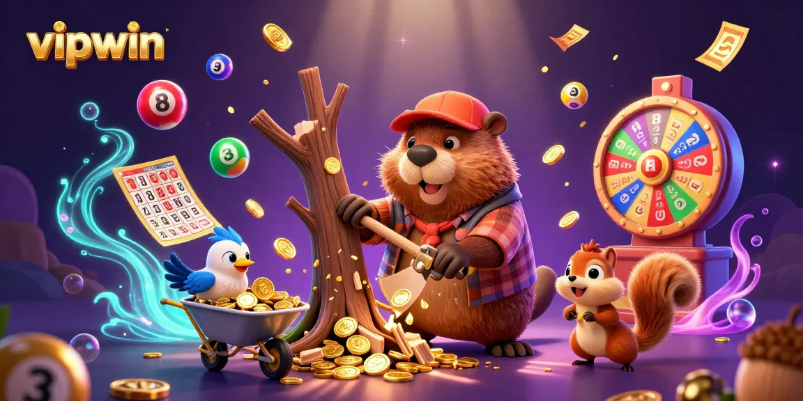 Experience thrilling gaming action with vipwin in this vibrant 3D illustration featuring a cartoon beaver and friends.