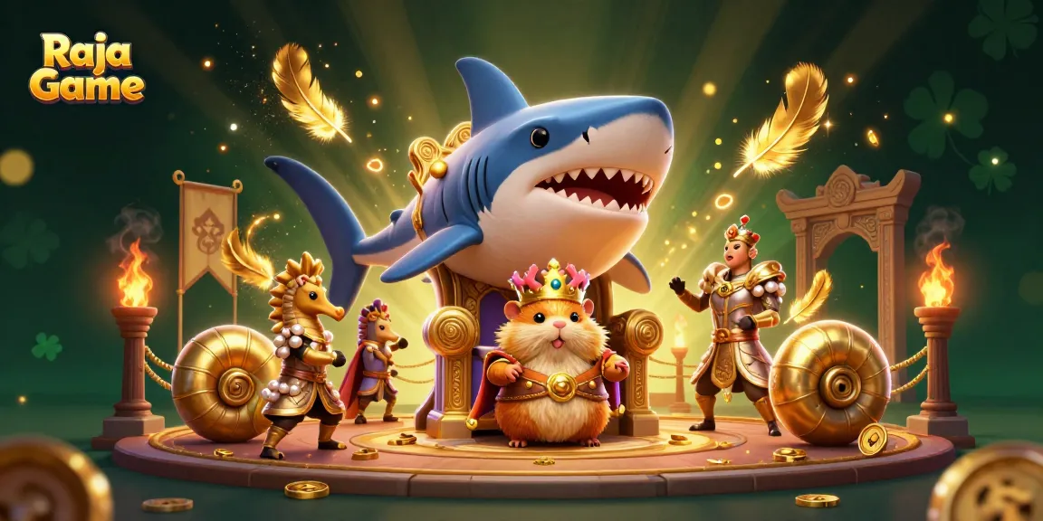 Engage in thrilling gaming on Raja Game with a cartoon hamster king and royal guards amidst gambling decor.