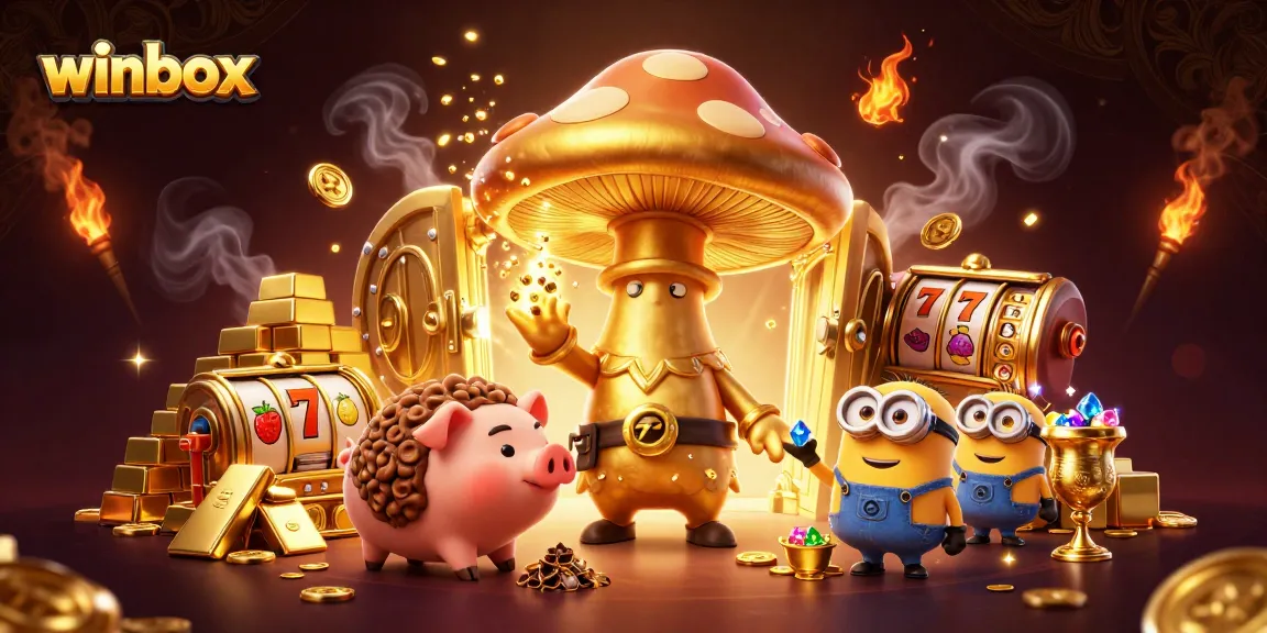 Winbox players spinning slot reels and winning treasures in a vibrant casino scene.