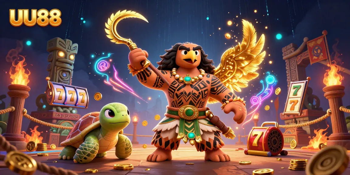 Engage in thrilling gameplay at UU88, featuring a vibrant cartoon depiction of a demigod hawk and turtle in an exciting casino arena.