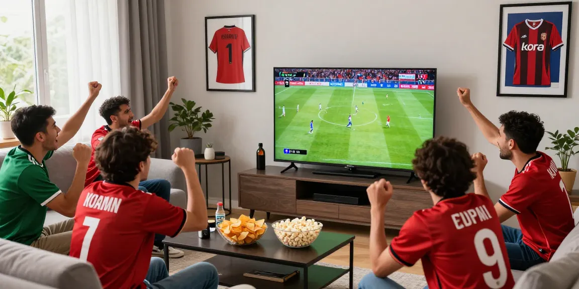 Fans enjoying a live kora tv football match in a lively living room.
