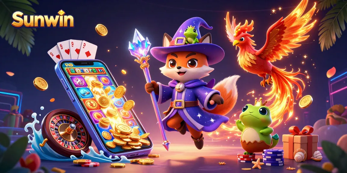Win big with Sunwin's vibrant 3D casino adventure, featuring a wizard fox and an enchanting phoenix.