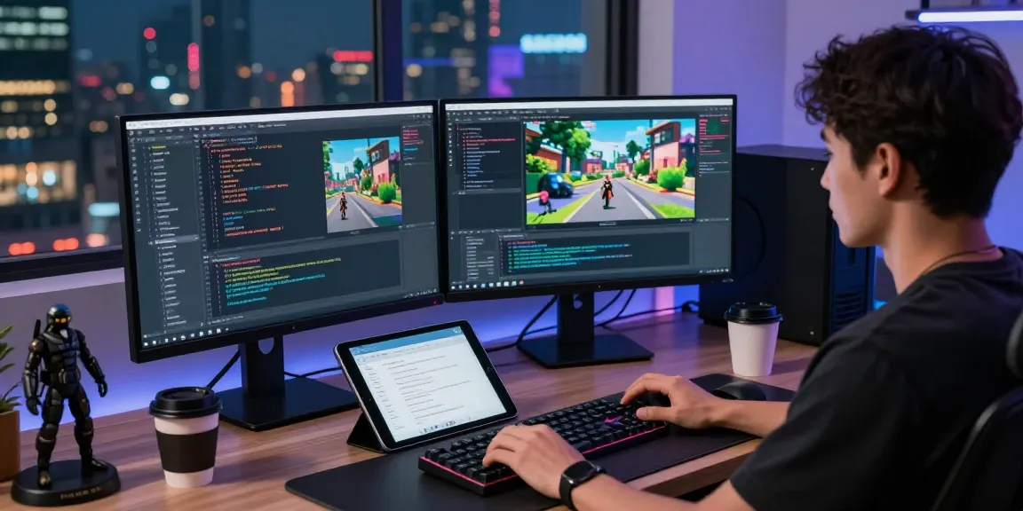 Developer creating custom FiveM ESX Scripts in a modern tech workspace.