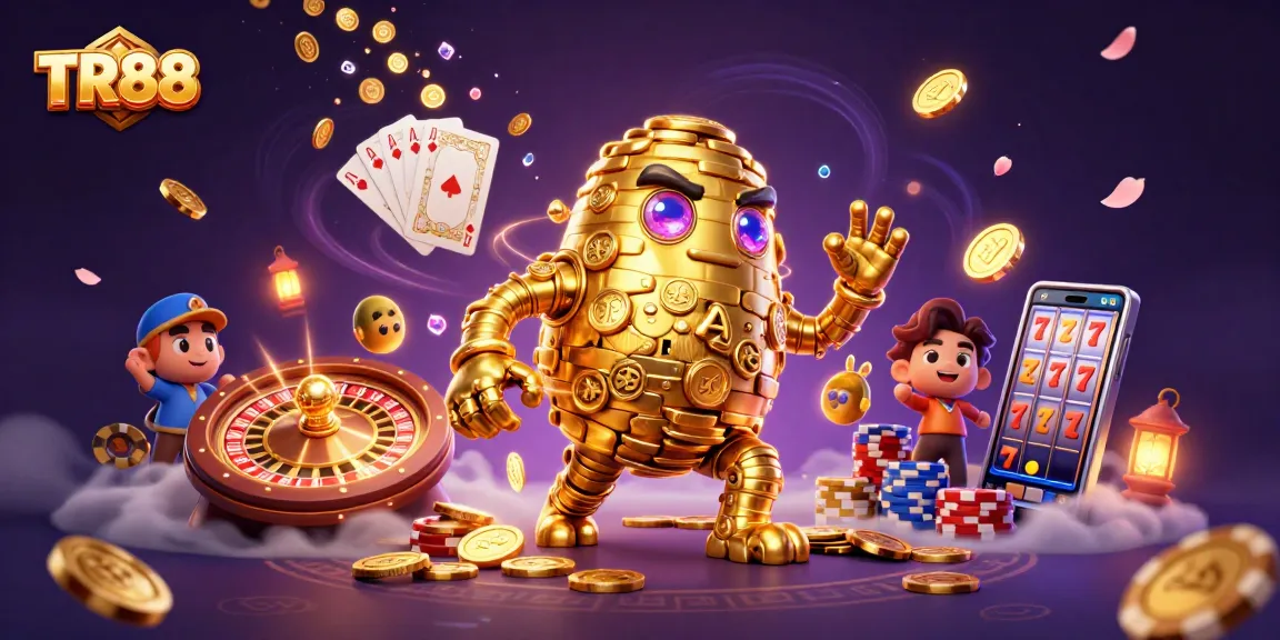 Experience the thrill of TR88 with an action-packed scene of golden golems surrounded by casino elements.